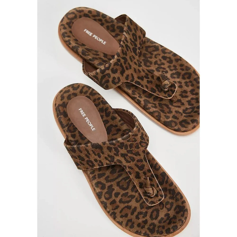🎉LAST CHANCE🎉 FREE PEOPLE Mika Footbed Sandals / Chestnut Leopard Suede - Picture 3 of 13
